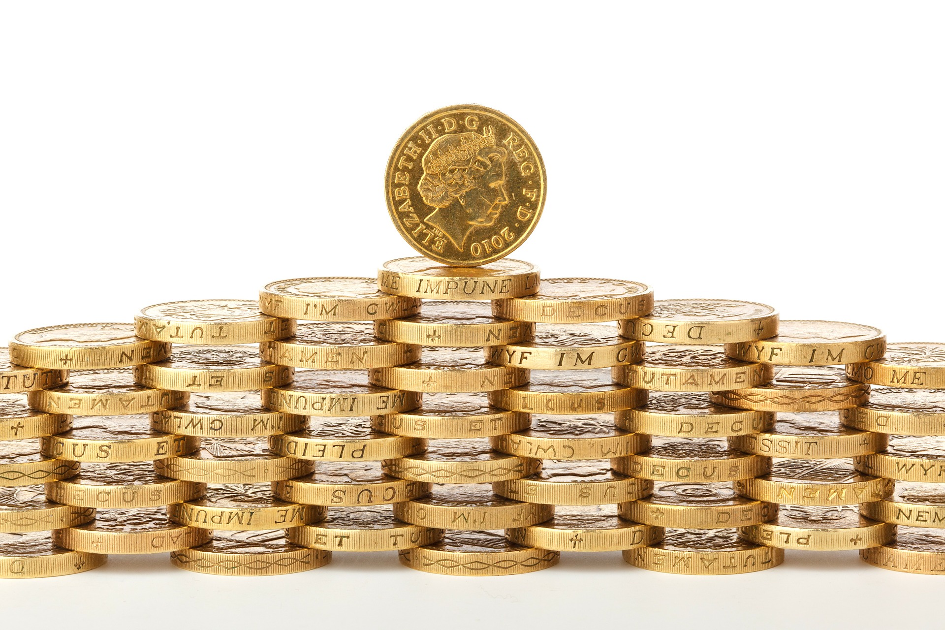 A stack of £1 coins balanced in a pyramid